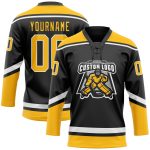 Custom Name and Number Black Gold White Hockey Jersey - Personalized Team Lace Neck Jersey Personalized Black Gold-White