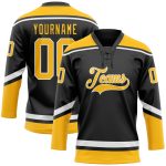 Custom Name and Number Black Gold White Hockey Jersey - Personalized Team Lace Neck Jersey Personalized Black Gold-White