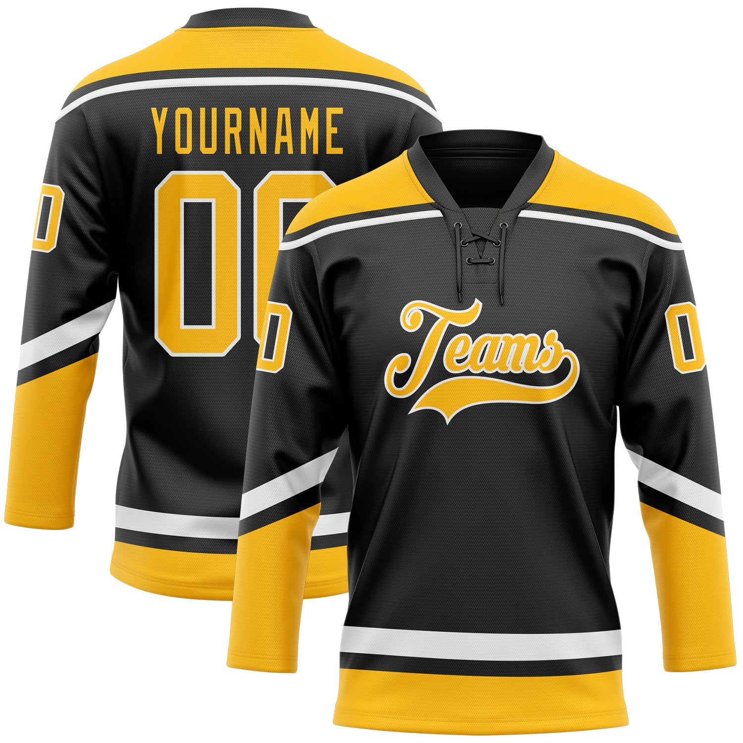 Custom Name and Number Black Gold White Hockey Jersey - Personalized Team Lace Neck Jersey Personalized Black Gold-White