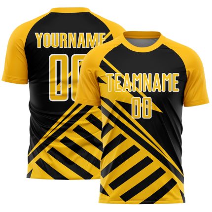 Personalized Black Gold Soccer Uniform Jersey with White Lines Design Personalized Black Gold-White Lines Sublimation Soccer