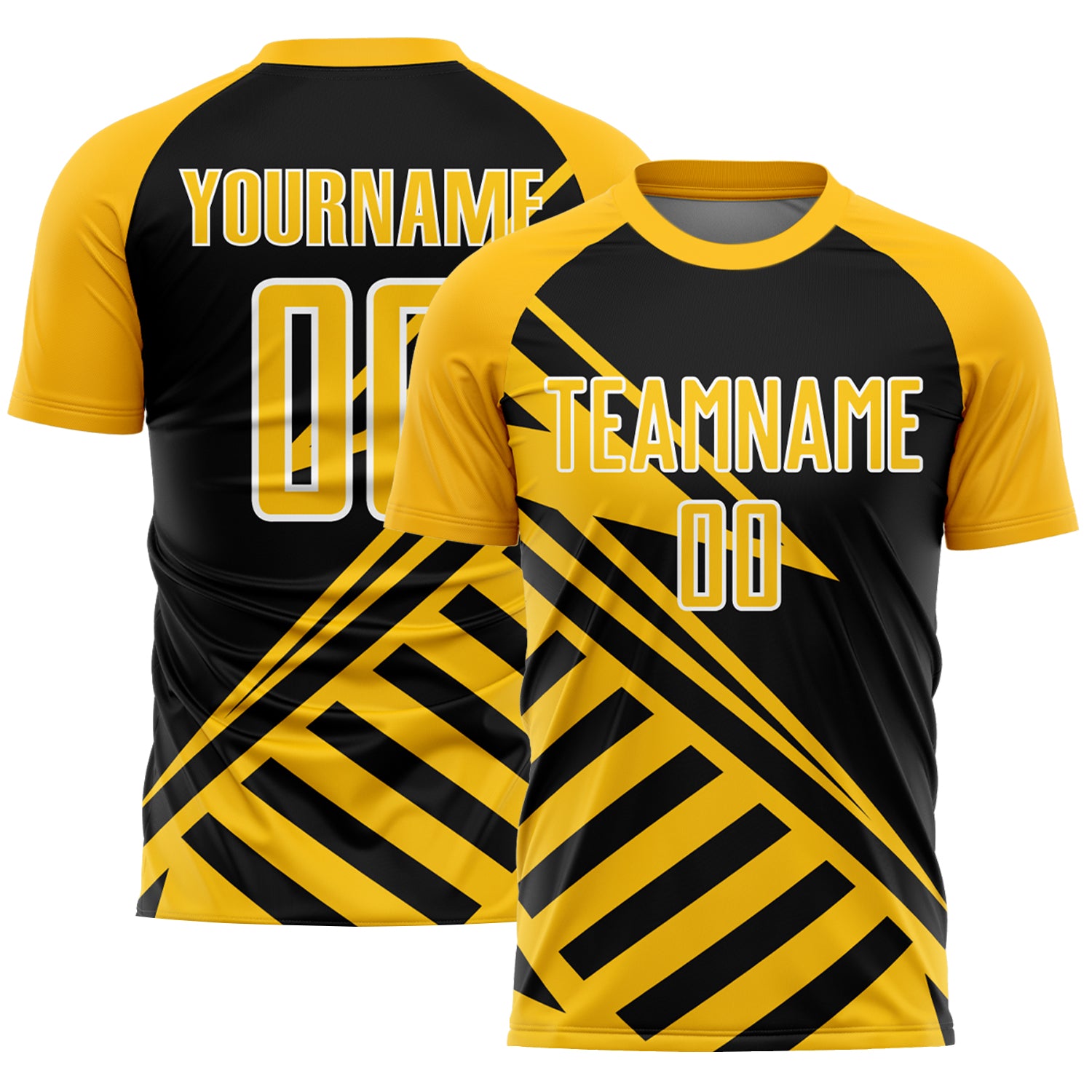 Custom Soccer Uniform Jersey with Personalized Name and Number - Black Gold White Lines Design Personalized Black Gold-White