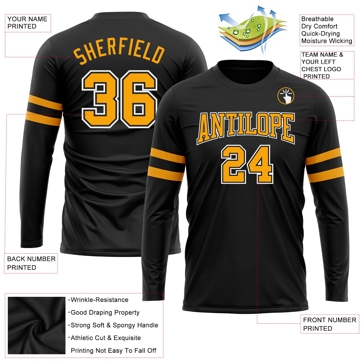 Personalized Long Sleeve Performance T-Shirt in Black and Gold-White for Men Personalized Black Gold-White Long Sleeve Performance - Image 3