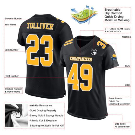 Personalized Authentic Football Jersey - Black Gold White Mesh Design Personalized Black Gold-White Mesh Authentic Football