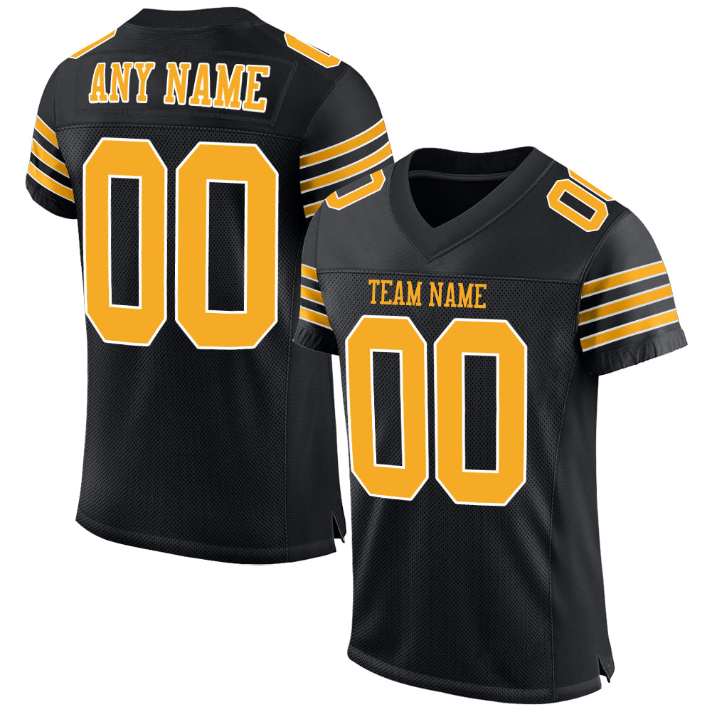 Customizable Football Jersey with Personalized Name and Number - Black Gold-White Mesh Authentic Design Personalized Black