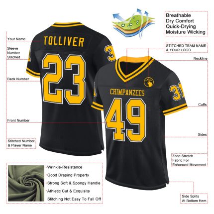 Custom Black Gold White Mesh Throwback Football Jersey with Personalized Name and Number Personalized Black Gold-White Mesh