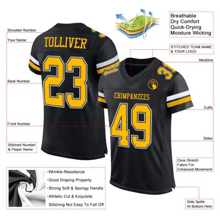 Personalized Black Gold White Mesh Football Jersey - Custom Team Sports Apparel Personalized Black Gold-White Mesh Football