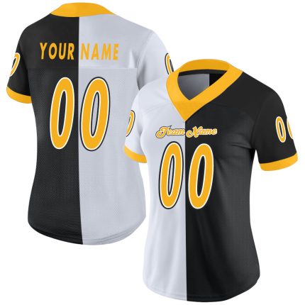 Custom Black Gold White Mesh Football Jersey with Personalized Name and Number - Fashion Team Apparel Personalized Black