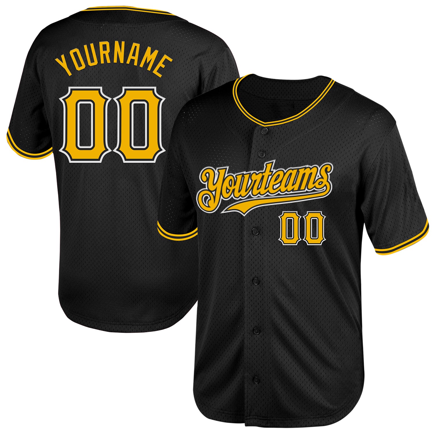 Personalized Black Gold White Throwback Baseball Jersey - Custom Mesh Jersey Personalized Black Gold-White Mesh Throwback