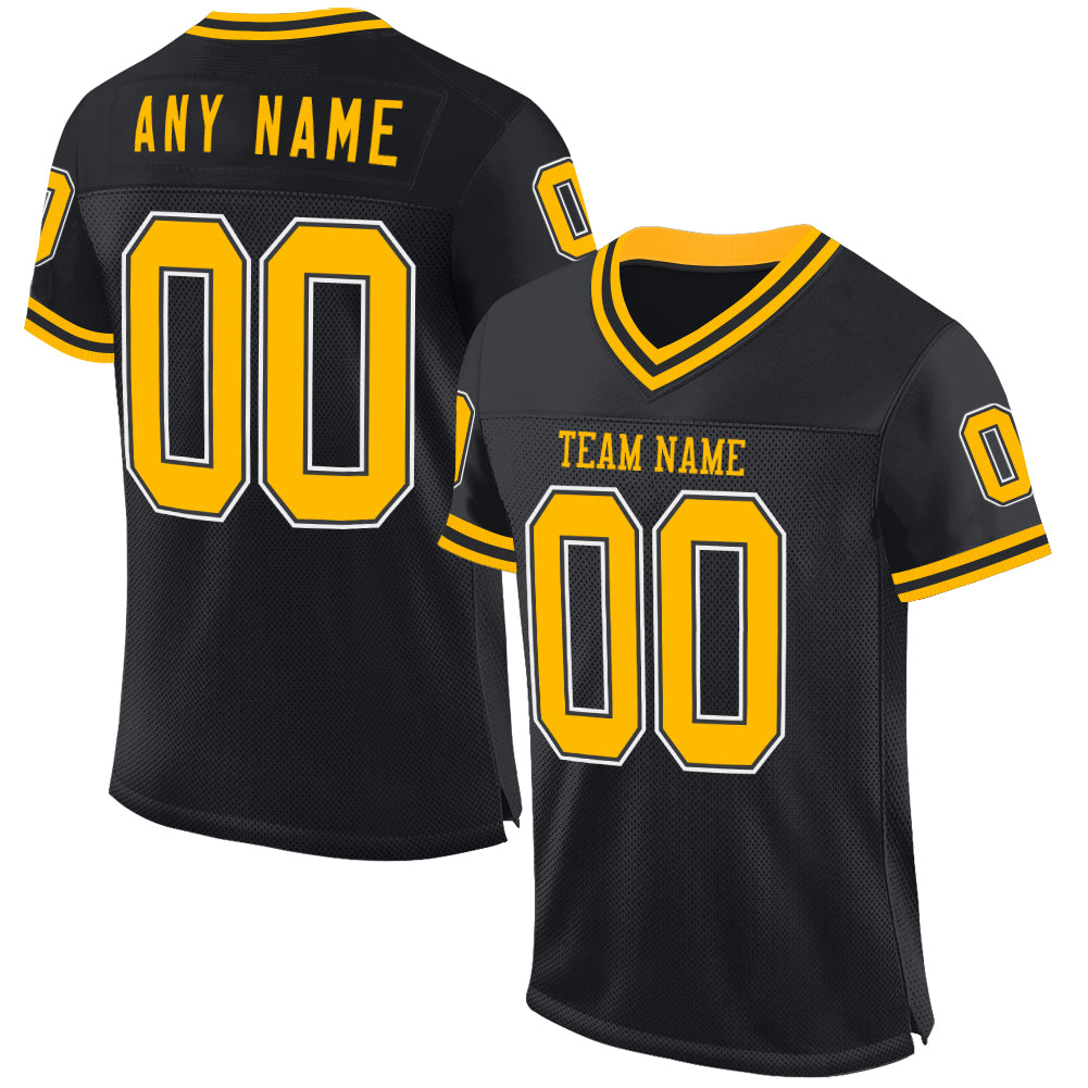 Personalized Black Gold White Throwback Football Jersey Mesh Design Personalized Black Gold-White Mesh Throwback Football
