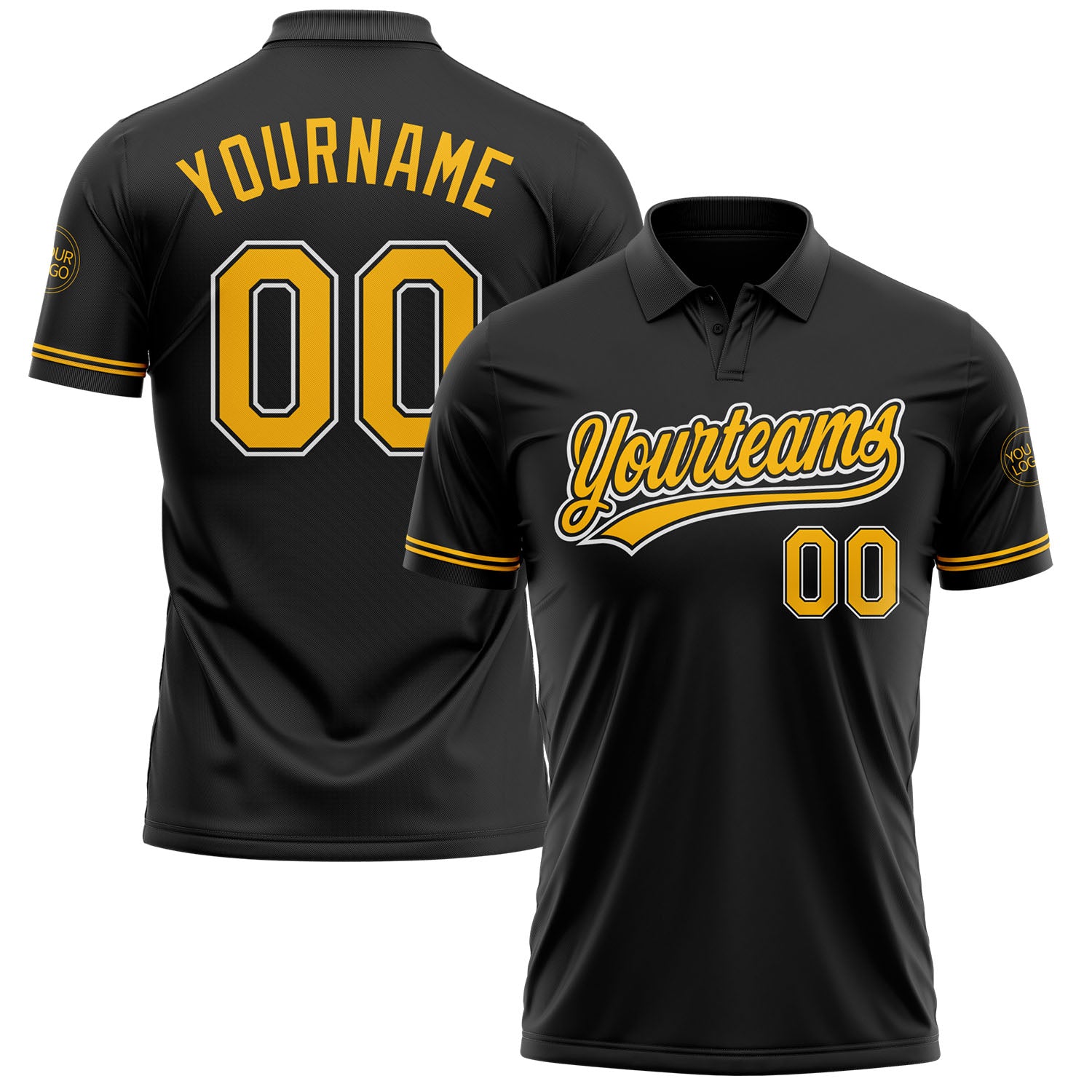 Custom Team Name Number Black Gold-White Golf Polo Shirt Performance Vapor Personalized Black Gold-White Performance Vapor