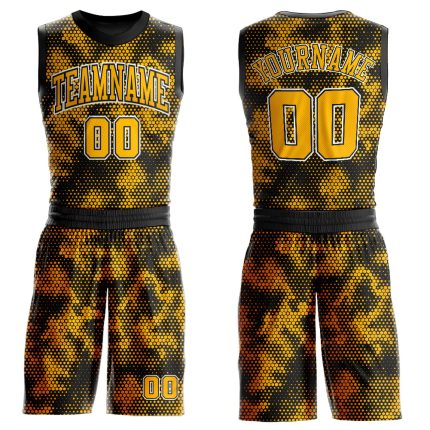 Personalized Black Gold White Round Neck Basketball Jersey Suit - Sublimation Style Personalized Black Gold-White Round Neck