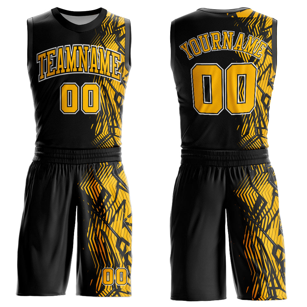 Personalized Basketball Jersey in Black Gold and White, Round Neck Sublimation Design Personalized Black Gold-White Round