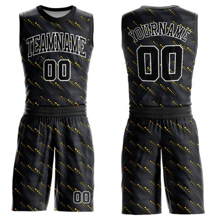 Custom Black Gold and White Round Neck Basketball Jersey Suit Personalized Black Gold-White Round Neck Sublimation Basketball