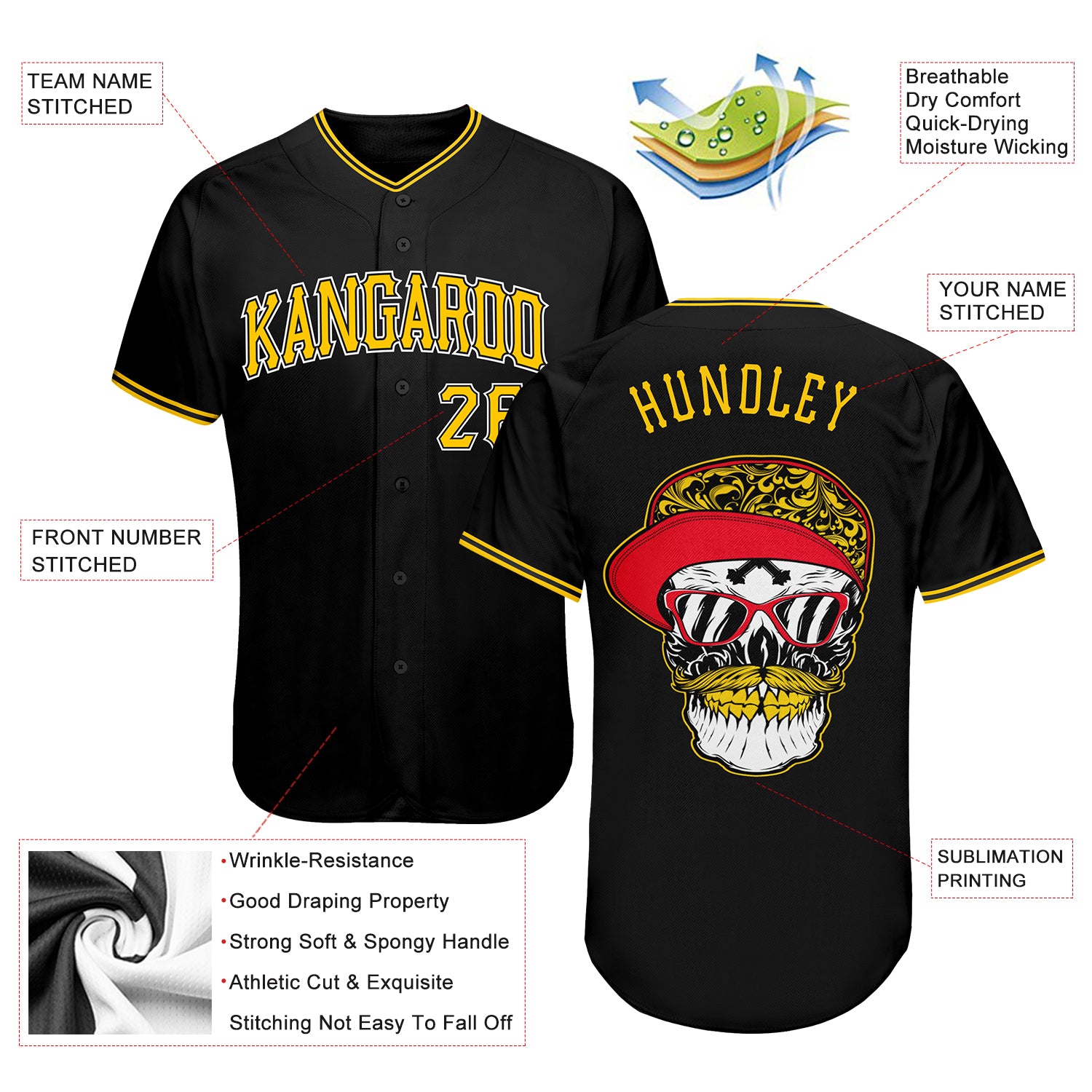 Personalized Skull Baseball Jersey in Black, Gold, and White - Stylish Fashion Jersey for Unique Look Personalized Black - Image 3