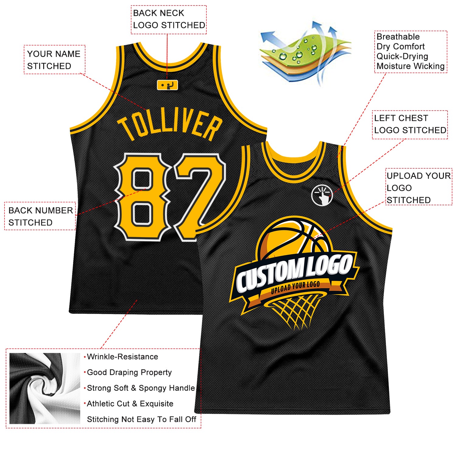 Personalized Black Gold-White Throwback Basketball Jersey - Custom Sports Apparel Personalized Black Gold-White Throwback - Image 2