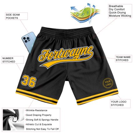 Personalized Black and Gold Throwback Basketball Shorts for Men Personalized Black Gold-White Throwback Basketball Shorts