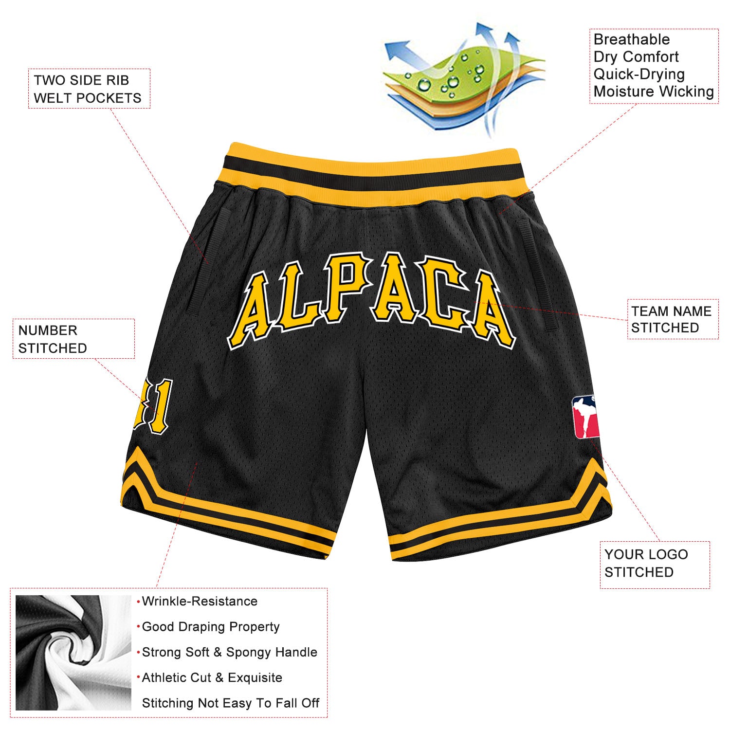 Personalized Black Gold White Basketball Shorts - Throwback Style for Men Personalized Black Gold-White Throwback Basketball - Image 3