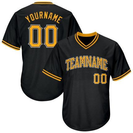 Personalized Baseball Jersey Shirt - Black Gold-White Throwback Rib-Knit Design Personalized Black Gold-White Throwback Rib-Knit