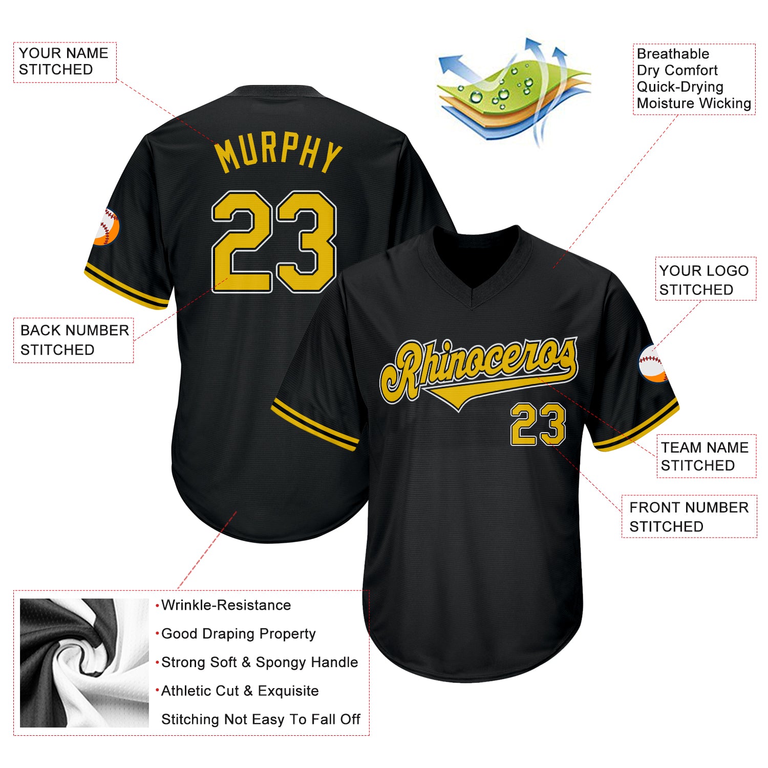 Personalized Baseball Jersey Shirt in Black, Gold, White - Throwback Rib-Knit Style Personalized Black Gold-White Throwback - Image 4