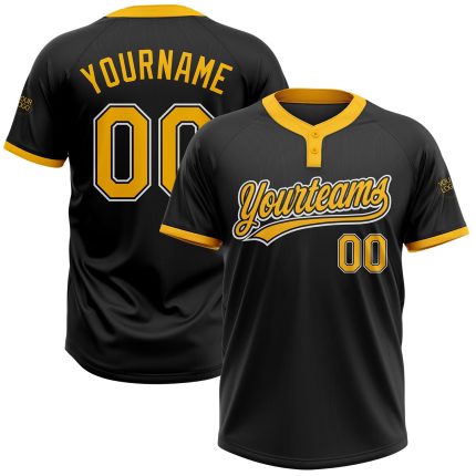 Custom Name and Number Unisex Softball Jersey - Personalized Black Gold-White Two-Button Style Personalized Black Gold-White