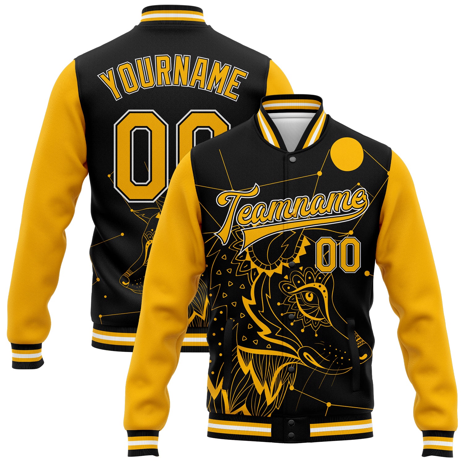 Custom Name Number Personalized Black Gold White Wolf 3D Bomber Varsity Jacket Full-Snap Letterman Design Personalized Black