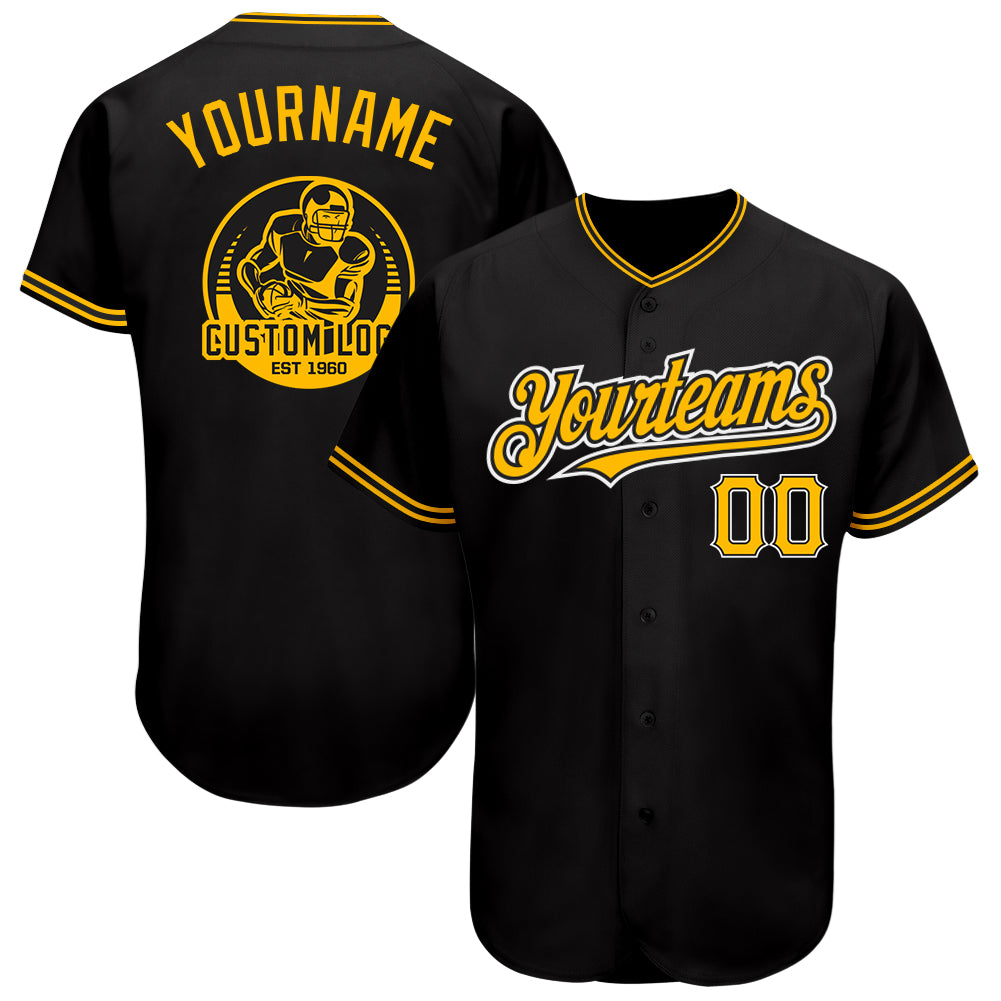 Custom Team Baseball Jersey with Personalized Name and Number in Black Gold-Yellow Personalized Black Gold-Yellow Authentic