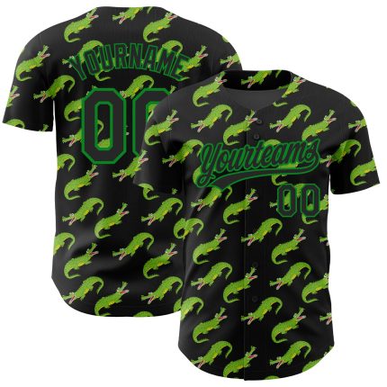 Personalized 3D Crocodile Baseball Jersey in Black and Green - Custom Design Personalized Black Grass Green 3D Crocodile