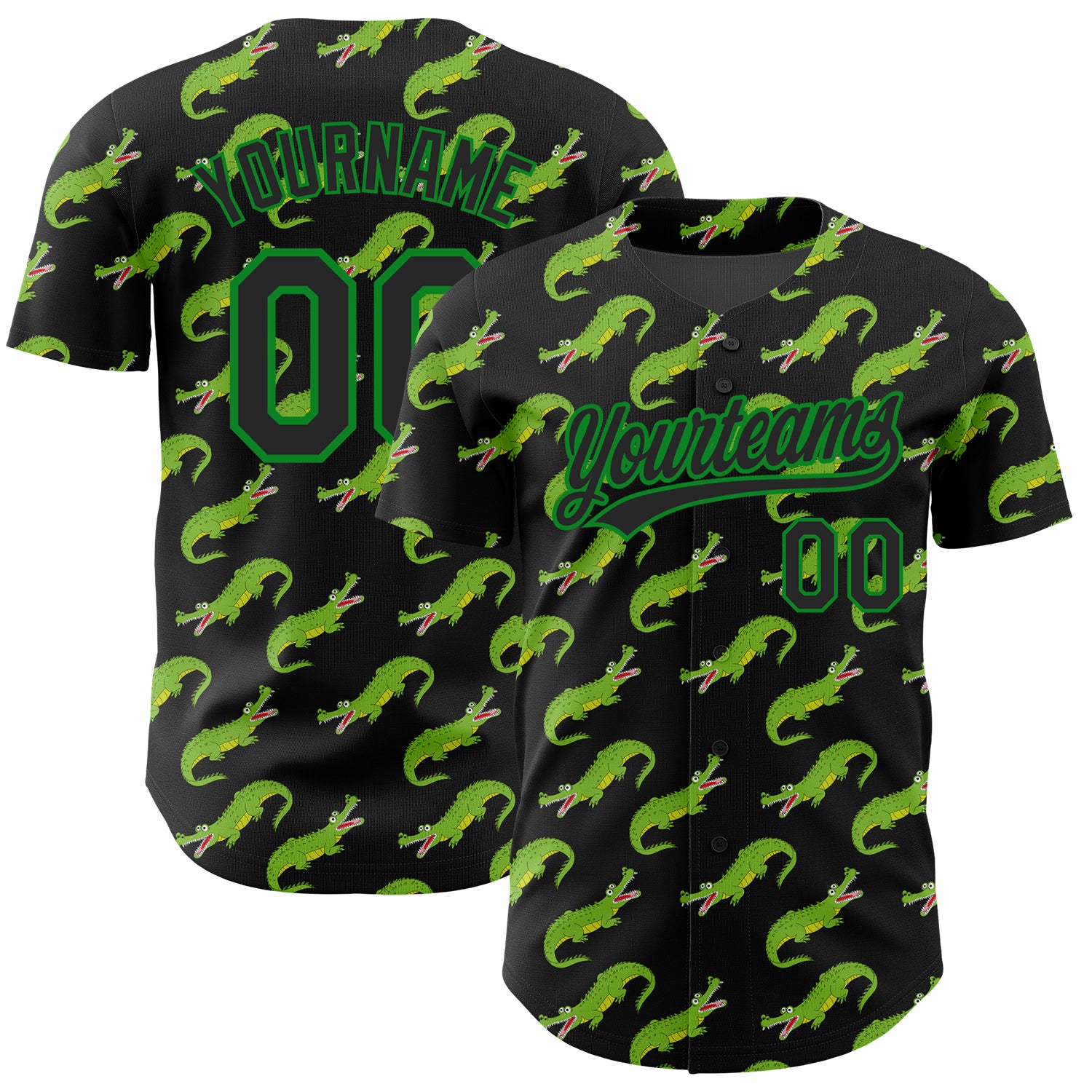 Custom Name and Number Authentic Baseball Jersey, Personalized 3D Black Grass Green Crocodile Design Personalized Black Grass