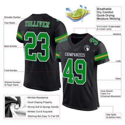 Custom Personalized Football Jersey - Black Grass, Green & Old Gold, Authentic Team Name & Number Personalized Black Grass