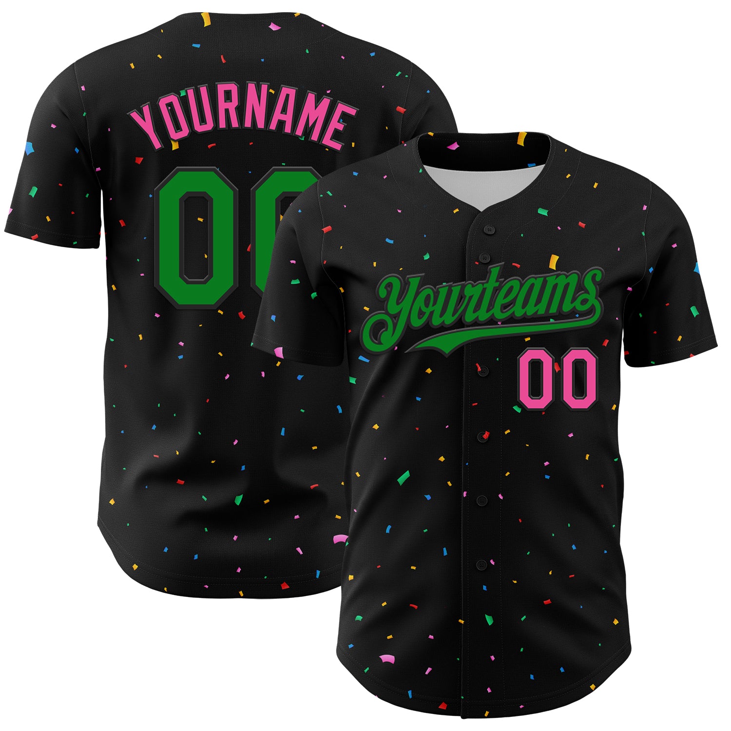 Custom Name Number Baseball Jersey with 3D Pattern Design in Black Green-Pink Confetti - Personalized Team Apparel Personalized