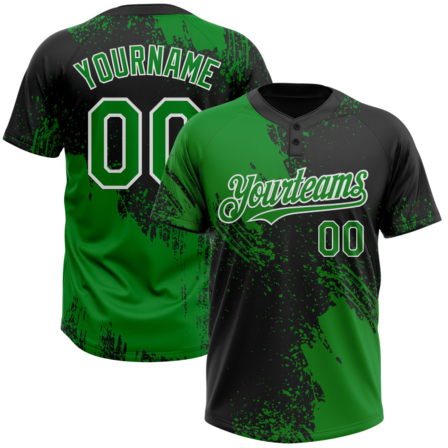 Custom Name and Number Unisex Softball Jersey with 3D Brush Stroke Pattern - Personalized Black and Green White Two-Button Design