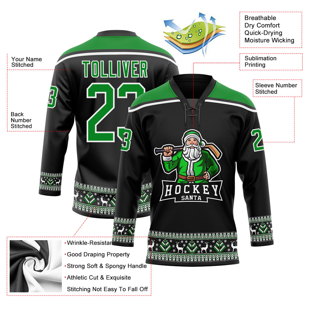 Personalized Christmas Santa Claus Jersey, Black Grass Green-White 3D Hockey Lace Neck Design - Size 2 Personalized Black - Image 3
