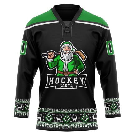 Personalized Christmas Santa Claus Jersey, Black Grass Green-White 3D Hockey Lace Neck Design - Size 2 Personalized Black