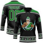 Personalized Christmas Santa Claus 3D Hockey Lace Neck Jersey - Black Grass Green-White, Size 3 Personalized Black Grass