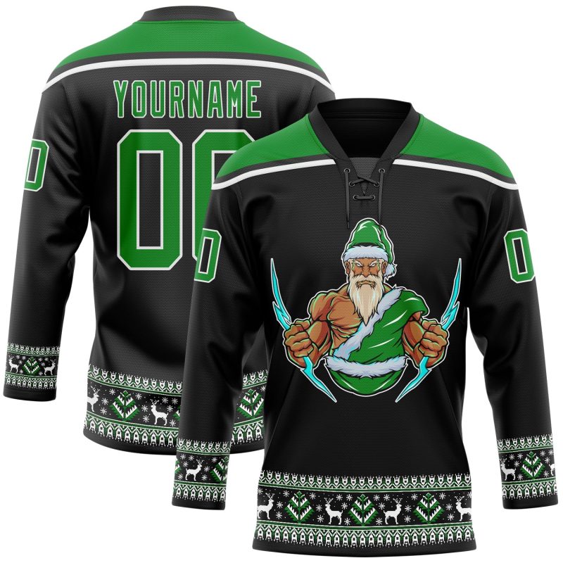 Personalized Christmas Santa Claus 3D Hockey Lace Neck Jersey - Black Grass Green-White, Size 3 Personalized Black Grass
