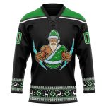 Personalized Christmas Santa Claus 3D Hockey Lace Neck Jersey - Black Grass Green-White, Size 3 Personalized Black Grass