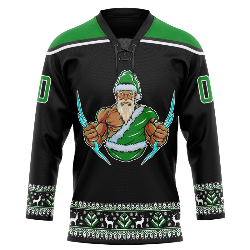 Personalized Christmas Santa Claus 3D Hockey Lace Neck Jersey - Black Grass Green-White, Size 3 Personalized Black Grass