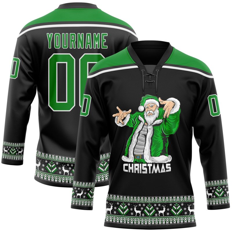 Personalized Christmas Santa Claus 3D Hockey Jersey - Black Green-White Lace Neck, Size 4 Personalized Black Grass Green-White