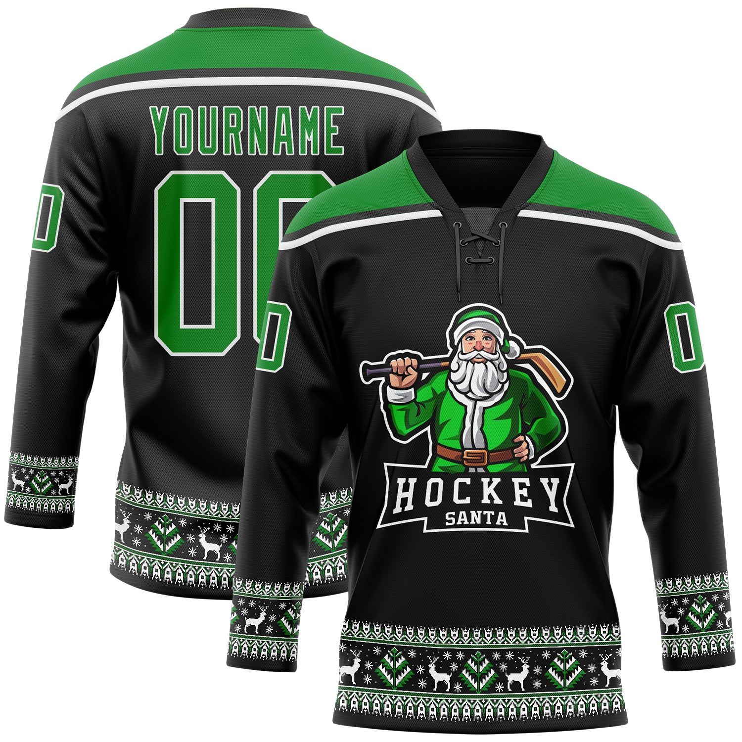 Personalized Santa Claus 3D Hockey Jersey - Black Grass Green White Christmas Lace Neck Design Personalized Black Grass Green-White