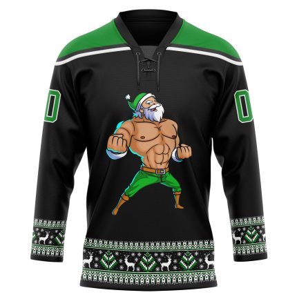 Personalized Black Christmas Jersey 3D Santa Claus Design Green-White Hockey Lace Neck 8897 Personalized Black Grass Green-White