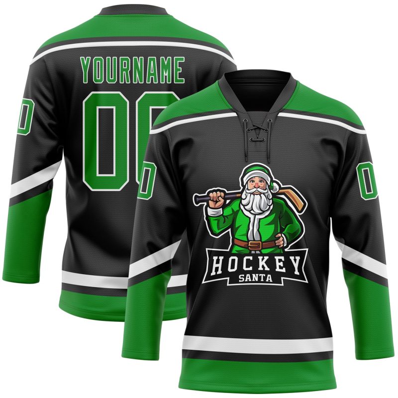 Personalized Christmas Santa Claus 3D Black Grass Green-White Hockey Lace Neck Jersey Personalized Black Grass Green-White