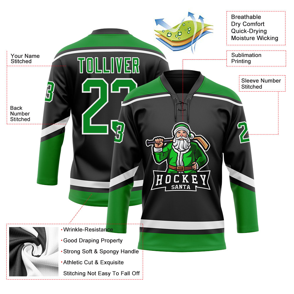 Personalized Christmas Santa Claus 3D Black Grass Green-White Hockey Lace Neck Jersey Personalized Black Grass Green-White - Image 3