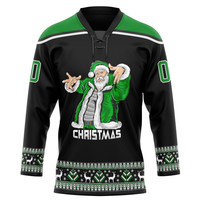 Personalized Christmas Santa Claus Hockey Jersey Black Green-White Custom Name and Number 3D Lace Neck 8897 Personalized