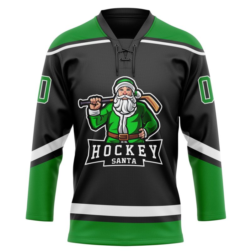 Personalized Christmas Santa Claus 3D Black Grass Green-White Hockey Lace Neck Jersey Personalized Black Grass Green-White