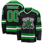 Custom Team Hockey Jersey with Personalized Name and Number, Black with Green-White Accents Personalized Black Grass Green-White