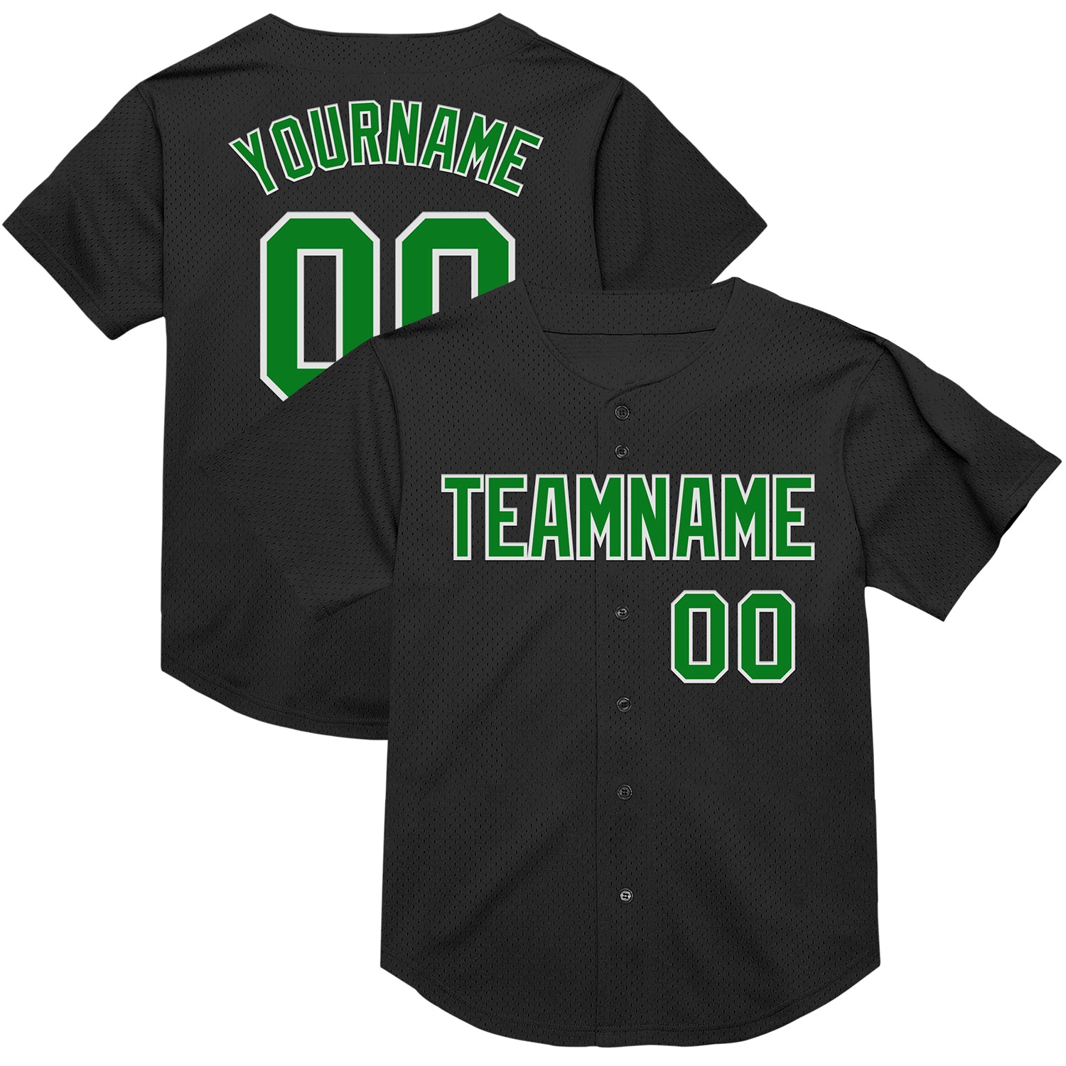 Personalized Grass Green-White Black Baseball Jersey - Mesh Throwback Design Personalized Black Grass Green-White Mesh Throwback