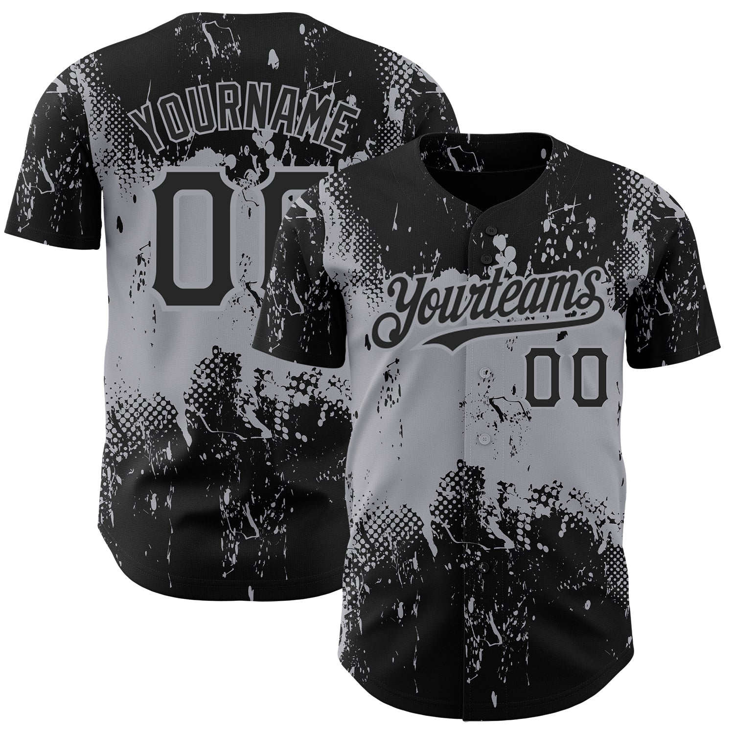 Personalized 3D Abstract Splatter Grunge Art Baseball Jersey - Black Gray Design Personalized Black Gray 3D Abstract Splatter
