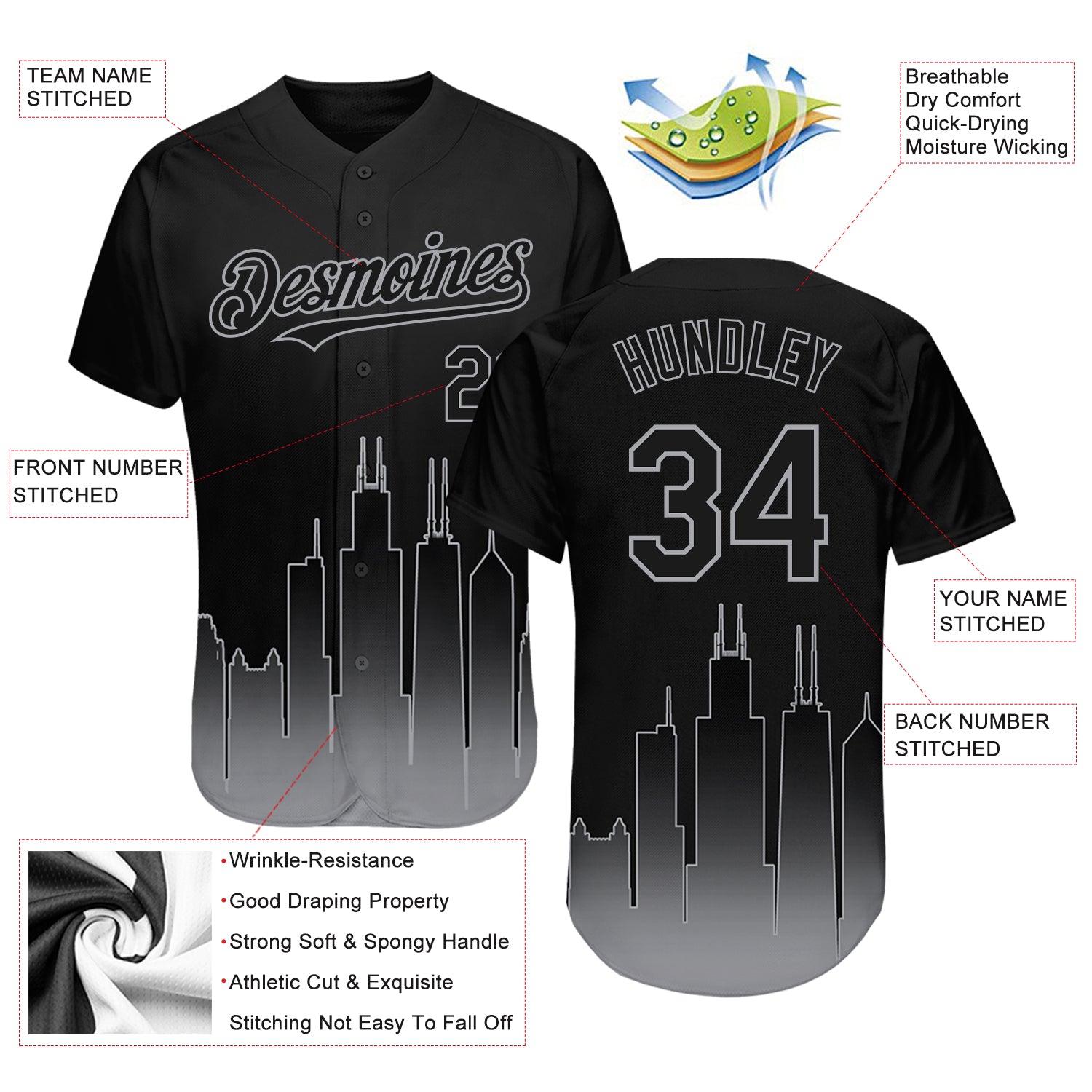 Personalized Black Gray 3D Chicago City Edition Fade Fashion Authentic Baseball Jersey Team Custom Name and Number Custom Chicago City Edition 3D Black Gray Baseball Jersey with Personalized Name and Number, Authentic Team Apparel Personalized - Image 3