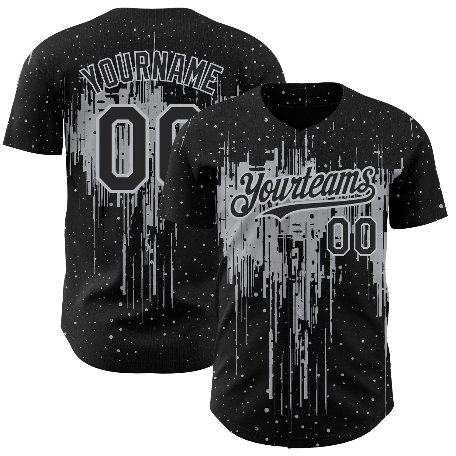 Personalized 3D Dripping Splatter Art Baseball Jersey in Black and Gray Personalized Black Gray 3D Dripping Splatter Art