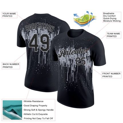 Custom Black Gray Dripping Splatter Design Performance T-Shirt for Unique Style Personalized Black Gray 3D Dripping Splatter